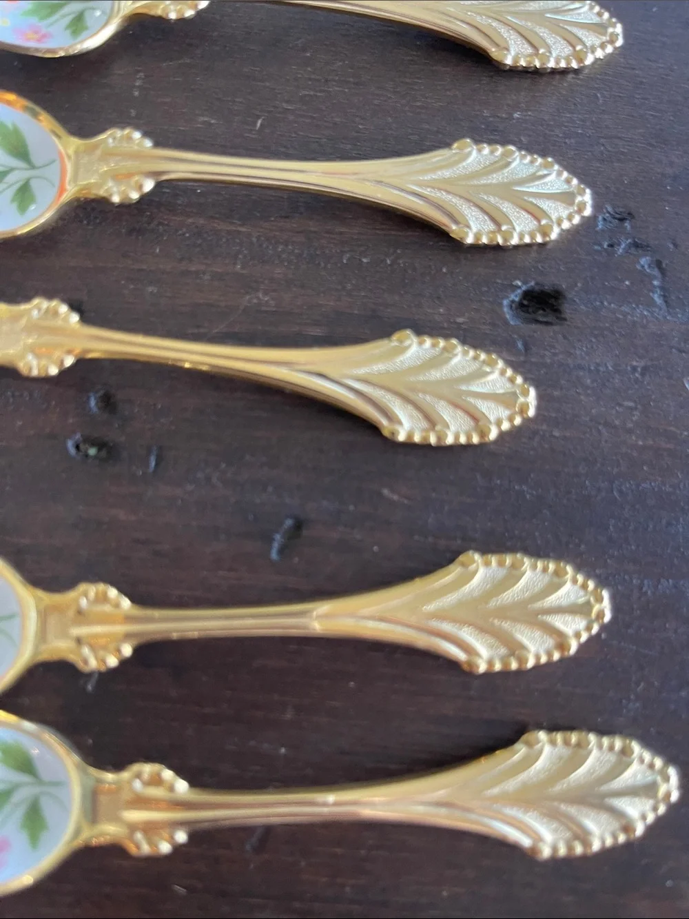 Vintage Linden Gold-Plated Floral Enamel Inlay Set of Six Small Demitasse Spoons